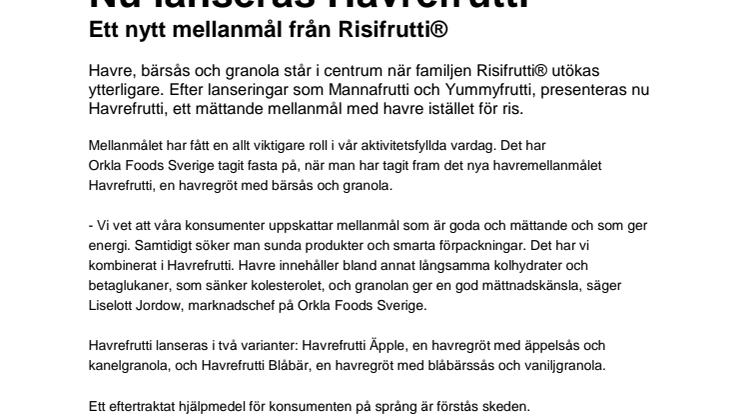 Nu lanseras Havrefrutti - ett nytt mellanmål från Risifrutti®