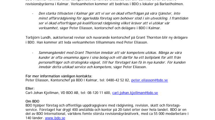 Grant Thornton Kalmar blir BDO
