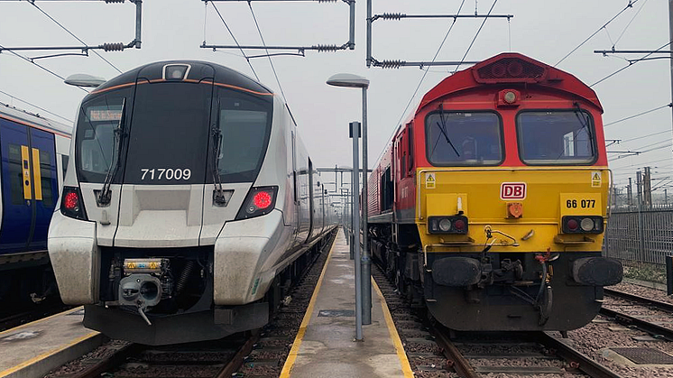 GTR's Class 717 Great Northern train stood alongside DB Cargo UK's Class 66 locomotive at GTR’s Hornsey depot
