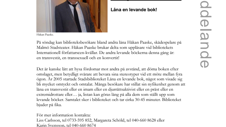 Stadsbiblioteket i Malmö söndag 28 mars kl 12-15.30: Låna en levande bok!