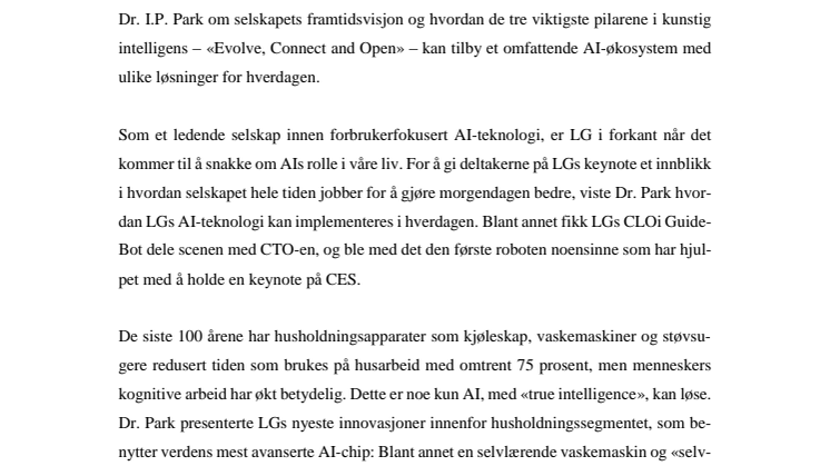 LGs CTO Dr. Park, spår et bedre liv gjennom en ny generasjon med forbrukerfokuserte innovasjoner innen kunstig intelligens