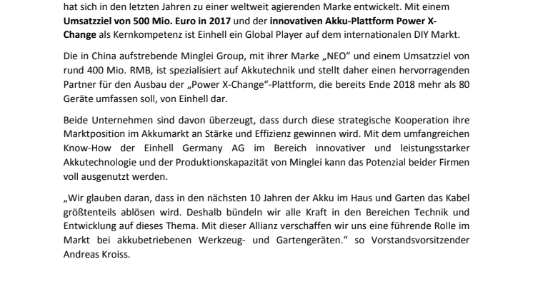 Die Einhell Germany AG und Zhejiang Minglei Tools gründen gemeinsames Unternehmen