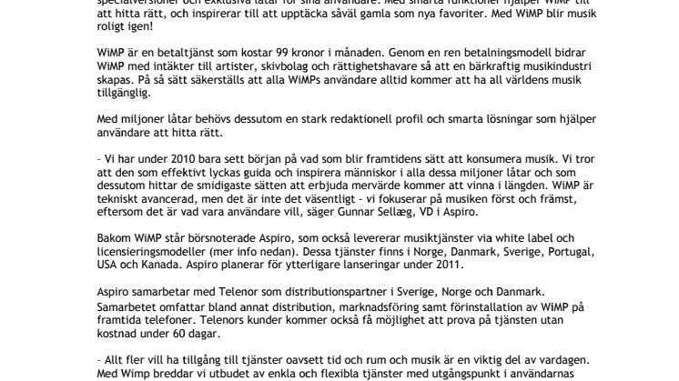 Aspiro och Telenor lanserar WiMP – Skandinaviens nya musiktjänst i Sverige