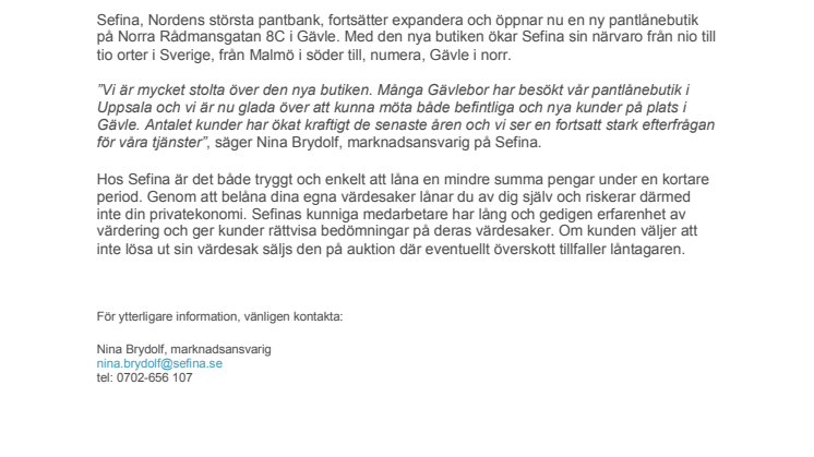 Sefina Svensk Pantbelåning öppnar butik i Gävle