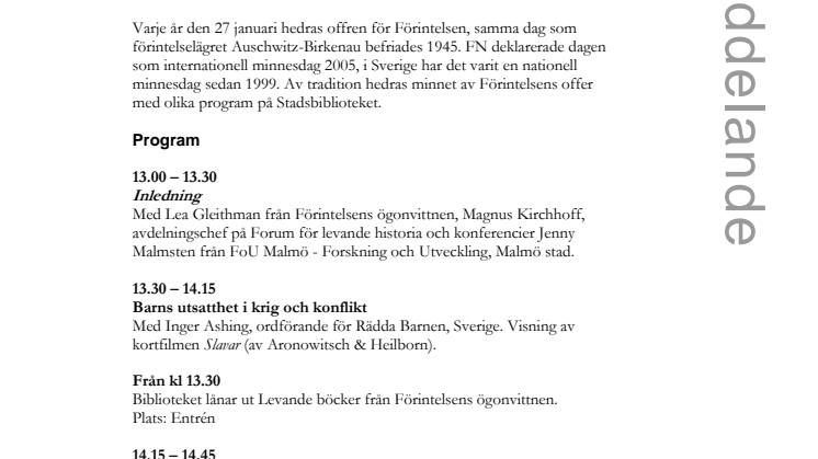 Stadsbiblioteket i Malmö: FÖRINTELSENS MINNESDAG fredag 27 jan – Tema BARN