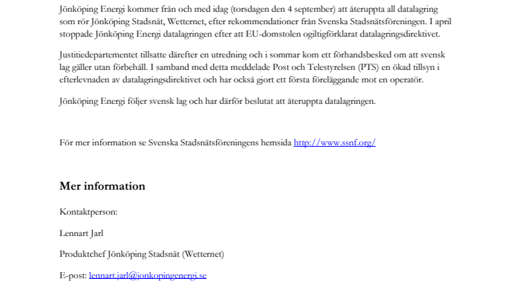 Jönköping Energi återupptar datalagring