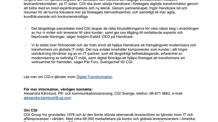 CGI i partnerskap med Handicare för att modernisera företagets globala IT-funktion och driva företagets digitala transformation
