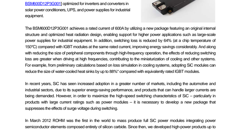 ROHM Expands Its Full SiC Power Module Lineup --- New 1200V/400A and 600A models contribute to greater efficiency and miniaturization in high-power applications