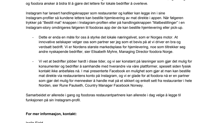 foodoras restauranter i Norden begynner å selge gjennom Instagram