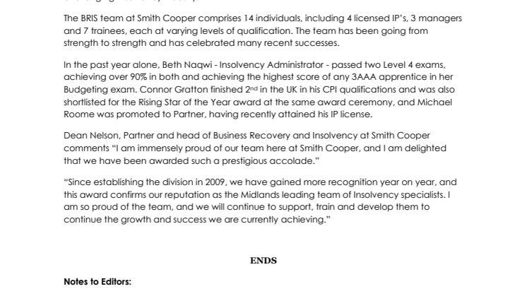 Smith Cooper’s Business Recovery and Insolvency team scoop prestigious industry award
