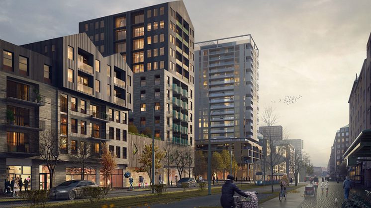 Illustration av Riksbyggens kommande bostäder på Första Långgatan.