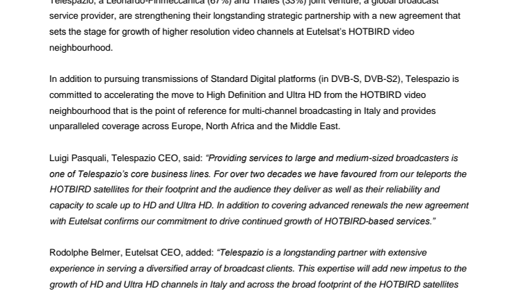 Telespazio and Eutelsat partner on driving HD and Ultra HD growth from flagship HOTBIRD video neighbourhood