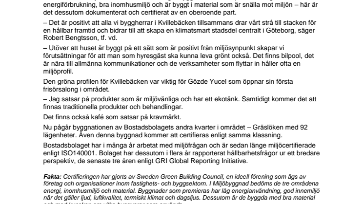 Bostadsbolagets hyresrätter i Kvillebäcken miljöcertiferade