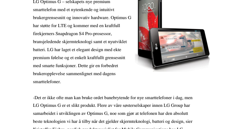 LG OPTIMUS G – VERDENSLEDENDE TEKNOLOGI OG  NYTENKENDE BRUKERGRENSESNITT