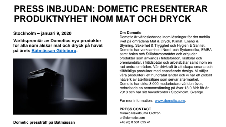PRESS INBJUDAN: DOMETIC PRESENTERAR PRODUKTNYHET INOM MAT OCH DRYCK