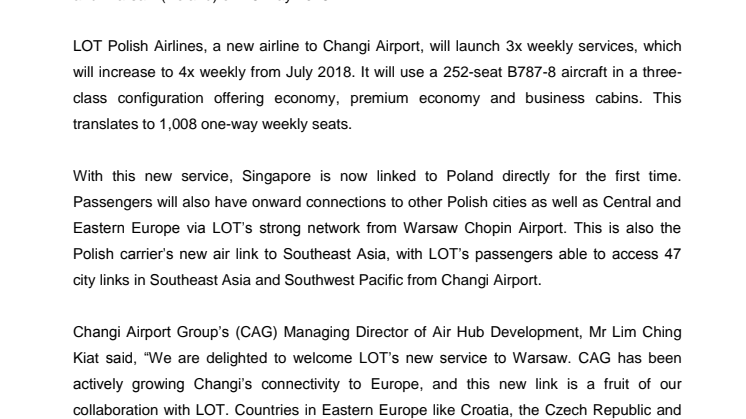 LOT Polish Airlines to launch Singapore-Warsaw Service
