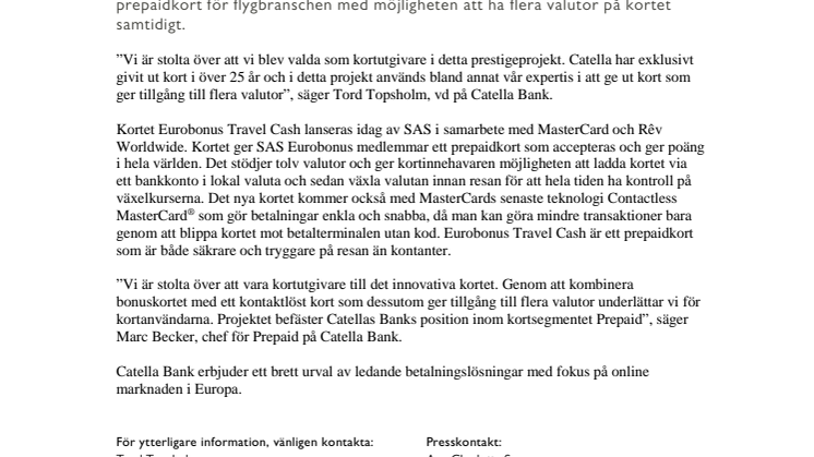 Catella Bank kortutgivare till SAS/Mastercard Eurobonus Travel Cash