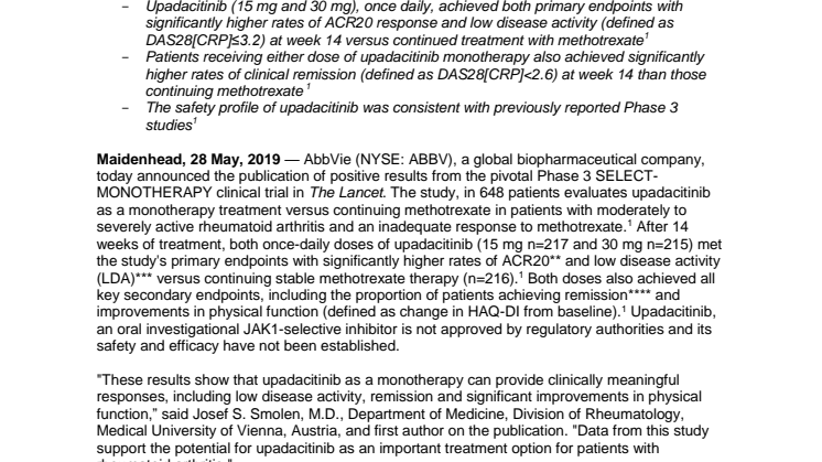 Results from Upadacitinib Phase 3 SELECT-MONOTHERAPY Study Published in The Lancet 