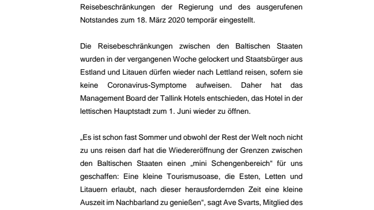 Tallink Hotel Riga empfängt ab dem 1. Juni wieder Gäste