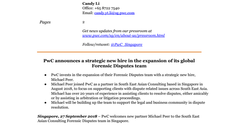 PwC announces a strategic new hire in the expansion of its global Forensic Disputes team