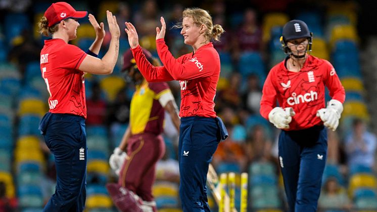 Heather Knight and Charlie Dean celebrate at Kensington Oval, Barbados. CREDIT: CWI Media. 