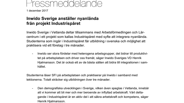 Inwido Sverige anställer nyanlända från projekt Industrispåret