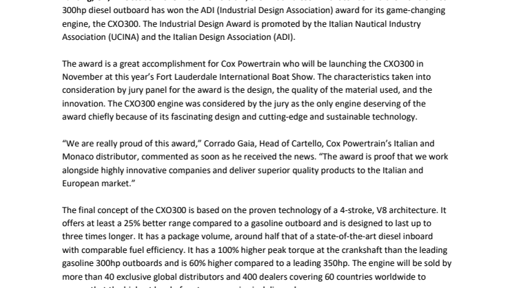 COX POWERTRAIN WINS ITALY’S ADI AWARD FOR INDUSTRIAL DESIGN