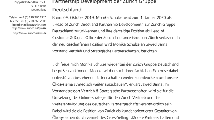 Monika Schulze wird Head of Zurich Direct and Partnership Development der Zurich Gruppe Deutschland