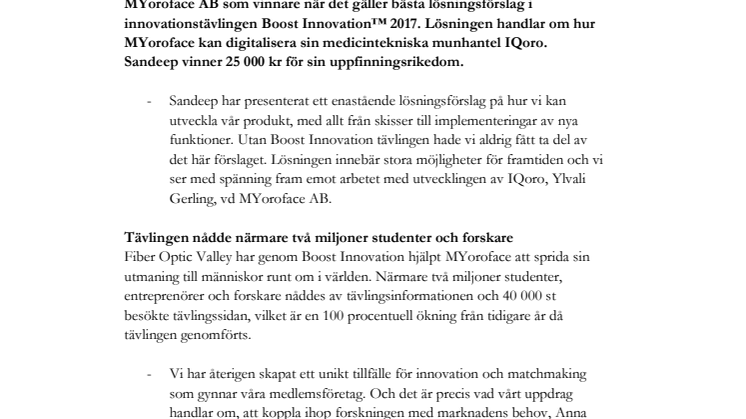 MYoroface utser student från Indien som vinnare i innovationstävling