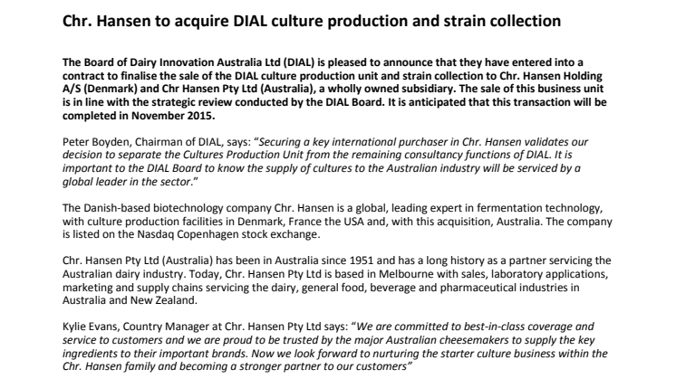Chr. Hansen to acquire DIAL culture production and strain collection