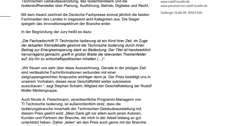 Fachmedium des Jahres 2020 – Medienaward für „Beste Neugründung“ geht an TI Technische Isolierung