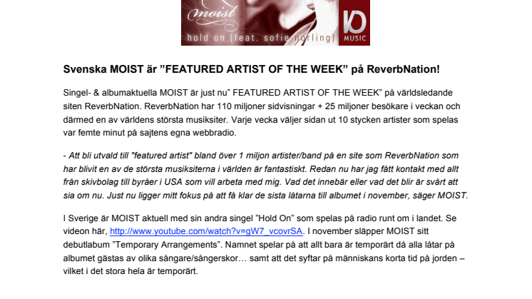 Svenska MOIST är ”FEATURED ARTIST OF THE WEEK” på ReverbNation!