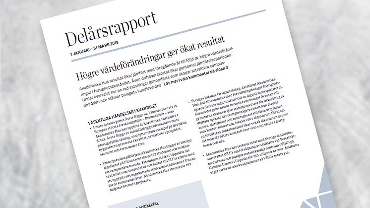 Akademiska Hus delårsrapport 1 januari – 31 mars 2019