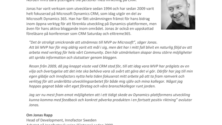 Jonas Rapp på Innofactor har utsetts till Microsoft Most Valuable Professional (MVP) inom Dynamics 365   