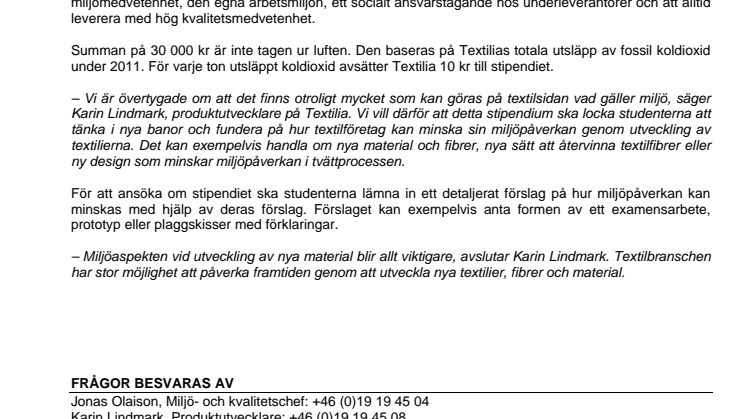 Textilia inrättar miljöstipendium