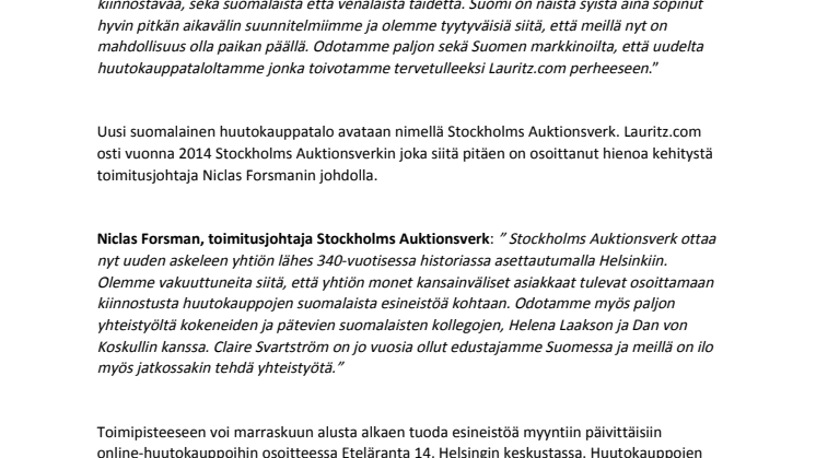 Lauritz.com Group avaa huutokauppatalon Suomessa
