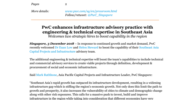PwC enhances infrastructure advisory practice with engineering & technical expertise in Southeast Asia