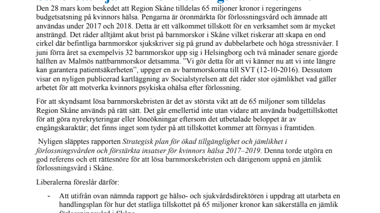 L: Säkerställ jämlik förlossningsvård i Skåne