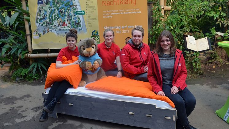 Vier Volunteers sind mit Bett und Murmeltier Mandy ins Gondwanaland im Zoo Leipzig gereist