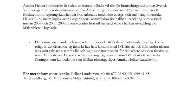 Annika Helker Lundström ny styrelseordförande för IVL