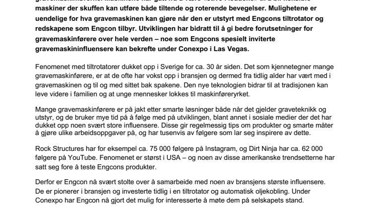 Engcon hyller gravemaskinføreren under Conexpo – tar med noen av bransjens største influensere til Las Vegas