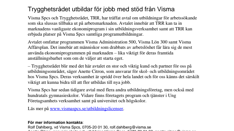 Trygghetsrådet utbildar för jobb med stöd från Visma