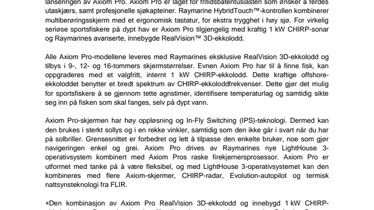 Raymarine: Raymarine Axiom Pro – avansert multifunksjonsskjerm fra FLIR Systems