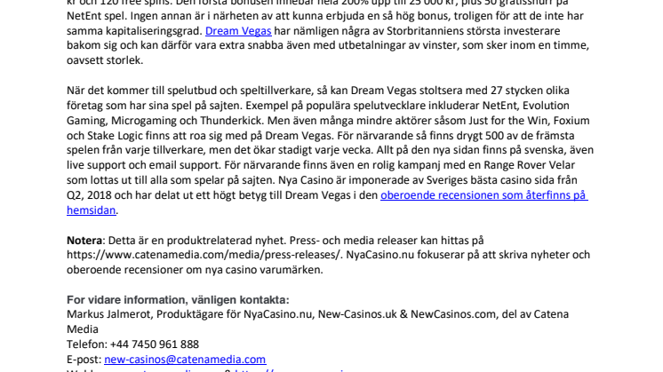 Nya Casino produktnyhet: Dream Vegas blir Q2’s bästa casino