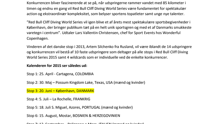 Pressemeddelelse torsdag d. 5. februar 2015: Udspring fra Operaen – Red Bull Cliff Diving er tilbage!