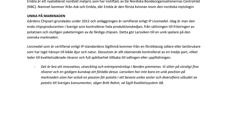 SIGILLODLARE NOMINERAD TILL NORDISKT MATPRIS