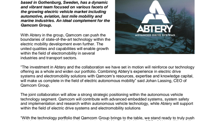 Qamcom invests in Abtery to evolve electric autonomous mobility