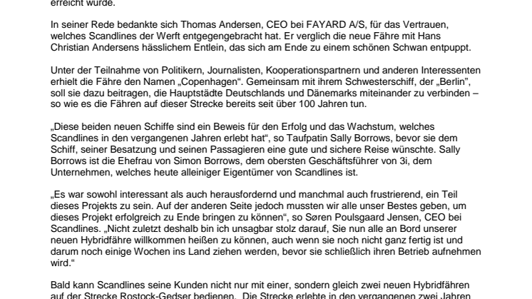 Scandlines’ neue Hybridfähre auf den Namen „Copenhagen“ getauft