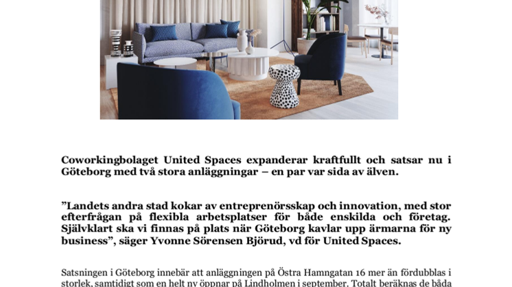 United Spaces storsatsar i Göteborg med coworking på bägge sidor älven