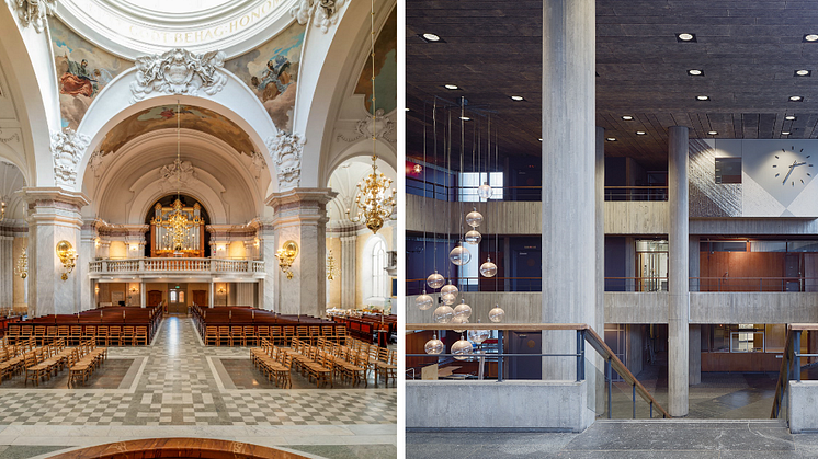 Gustaf Vasa Kyrka av Agi Lindgren från 1906 och S:t Görans gymnasium av Leonie Geisendorf från 1960. Foto: Antonius van Arkel och Åke E:son Lindman. 